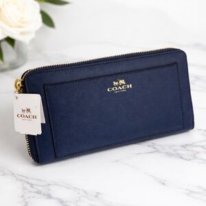 NWT Coach Navy Blue Zip Around Wallet Gold Hardware Leather Wallet